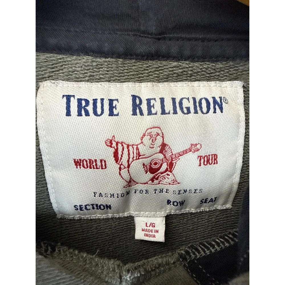 True Religion Monogram Pullover Mens L Green Black Logo Hoodie Skater Dishwasher